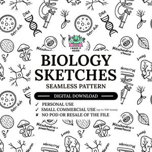 May include: Black and white seamless pattern with biology-themed sketches. The design includes illustrations of cells, DNA, petri dishes, microscopes, and mushrooms. Text reads "BIOLOGY SKETCHES" and "SEAMLESS PATTERN".