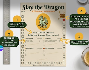 Slay the Dragon | ADHD Cleaning Quest Sheet | Fantasy RPG Chore Tracker for Neurodivergent Adults