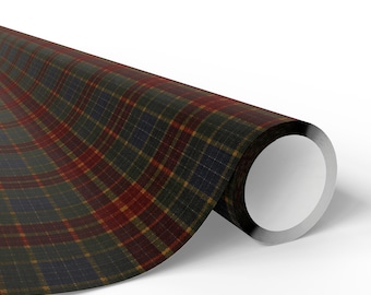 May include: Rolled-up wrapping paper featuring a classic plaid pattern. The design incorporates a mix of colors, including dark green, red, navy blue, and yellow, creating a traditional and versatile aesthetic. The paper is ideal for gifts and crafts.
