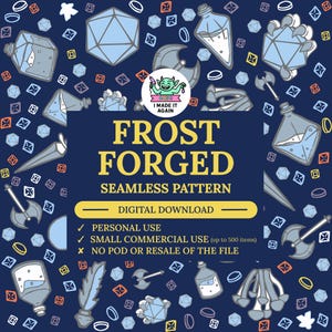 Könnte beinhalten: Eine digitale Download-Grafik mit marineblauem Hintergrund und einem sich wiederholenden Muster von Fantasy-Symbolen in Hellblau und Grau. Der Text "FROST FORGED SEAMLESS PATTERN" ist in Gold dargestellt. Enthält Nutzungsrechte.
