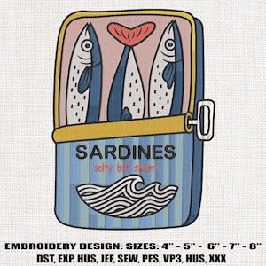 Sardines Embroidery Design, Sardine Can Embroidery Design, Fish Embroidery, Tinned Fish Embroidery, Funny Food Embroidery, Quirky Embroidery