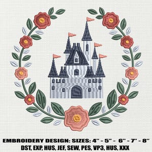 Princess Castle Embroidery Design, Magic Castle Embroidery, Fairytale Embroidery Design, Floral Wreath Embroidery, Princess Embroidery File