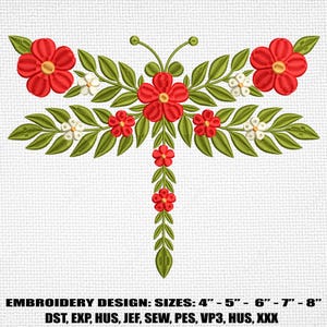 Floral Dragonfly Machine Embroidery Design, Floral Wings Embroidery Pattern, Wild Flower Bouquets Dragonfly Embroidery, Dragonfly Embroidery