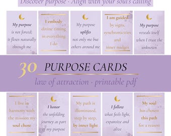 May include: A deck of 30 purpose cards in a purple and gold colour scheme. Each card has a quote about self-discovery and soul alignment. The text "Discover purpose" and "law of attraction" are also visible on the cards.