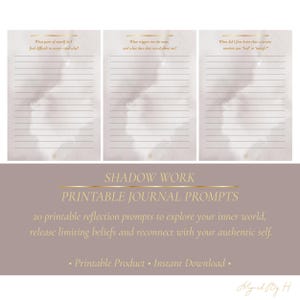 Könnte beinhalten: Druckbare Journal-Prompts mit linierten Seiten und Aquarellhintergründen. Der Text lautet "Shadow Work Printable Journal Prompts" und enthält Aufforderungen zur Selbstreflexion. Das Design ist in Beige- und Goldtönen gehalten.