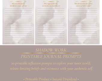 May include: Printable journal prompts with lined pages and watercolor backgrounds. The text reads "Shadow Work Printable Journal Prompts" and includes prompts to explore your inner world. The design is in shades of beige and gold.