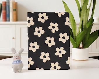 Funda personalizada con elegantes flores negras para iPad Air 7/6/5 (2025, 2024), iPad 10 (10.9", 10.2", iPad Pro 11", 12.9", 13" y iPad Mini 6/7 con portalápices.