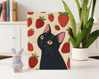 かわいい黒猫のイチゴ柄iPadケース、2025 2024 A16 Air 7/6/5 iPad 10 10.9インチ、10.2インチ iPad Pro 11インチ、12.9インチ、13インチ iPad Mini 6/7用、ペンシルホルダー付き