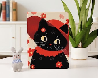 かわいい黒猫の花柄iPadケース、2025 2024新型A16 Air 7/6/5 iPad 10 10.9インチ、10.2インチ iPad Pro 11インチ、12.9インチ、13インチ iPad Mini 6/7用、ペンシルホルダー付き