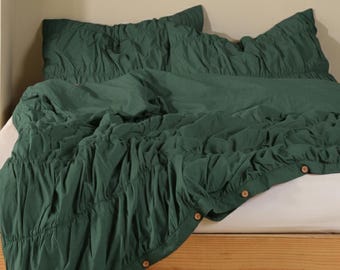 Dark Green Wrinkle Cotton Duvet Cover Set | Boho Textured Bedding Linen Course Buttons | Shabby Chic Comforter Cover Modern Bedroom Decor