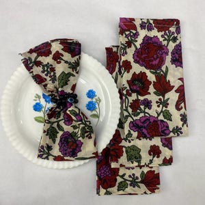 red and purple design cotton Print Napkins 100% Cotton Hand Block Dinner Napkins- Custom Size- Reusable napklins