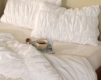 Full White Ruched Duvet Cover Shabby Chic Bedding Set Wrinkled Comforter Cover Farmhouse Bedding Cotton Bedspread Minimalist Bedroom Decor