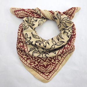 Bandana Scarf Handmade Hand Block Print Bandana in Cream, Pumpkin and Steel - Handmade Organic Cotton Bandana