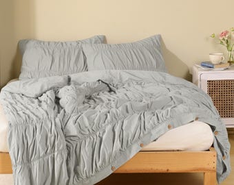 Grey Wrinkle Linen Duvet Cover Set, 100% Cotton Boho Bedding