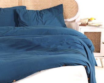 Ocean Blue Linen Duvet Cover Cotton Bedding Set, Solid Blue Comforter Cover, Minimalist Bedroom Bedding, Button Closure Duvet , King Size