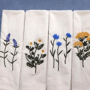 Cotton Dinner Napkins with Grassland Wildflowers Embroidery, Cotton Napkin Set of 4
