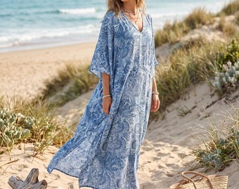 Handgefertigtes Boho-Kaftankleid mit handbedrucktem Blockdruck für Damen, Strandkleid aus Baumwolle, geblümtes Maxikleid, lockere Resortkleidung, Sommerkleid