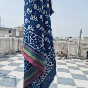 Beautiful Indigo Blue Sarong Indian Hand Block Print Scarves Handmade Cotton zari sarong  Women Wear Beach Pareo