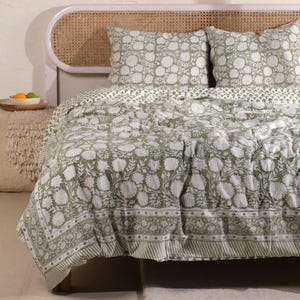 Floral Block Printed Sage Green Duvet Cover – Coconut Button Closure, Indian Cotton Bedding, Bohemian Home Decor