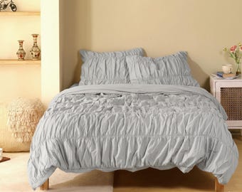 Light Gray Cotton Duvet Cover Wrinkled, Soft, Duvet Cover Boho King Queen Full Duvet Cover Cozy Boho Bedding Dorm Bedding Comforter Cover,
