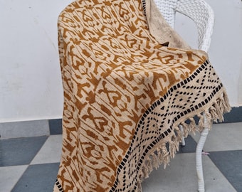 Bohemian Mudcloth Throw Blanket: Hand-Loomed Cotton with Tassels