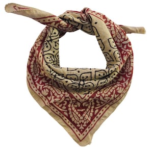 Hand Block Printed Cotton Bandana | Floral Print Scarf | Beige & Black Ethnic Headwrap or Neck Scarf