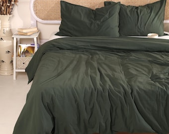 100% Washed Cotton Bedding Forest Green Luxury Soft Linen Bedding Set Solid Color Cotton Duvet Cover with Button, Queen King Bedding Cover