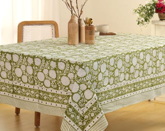 Block Print Tablecloth: Moss Green Floral Cotton Table Cover