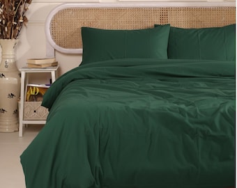 Natural Linen Duvet Cover Set, Dark Green Bedding