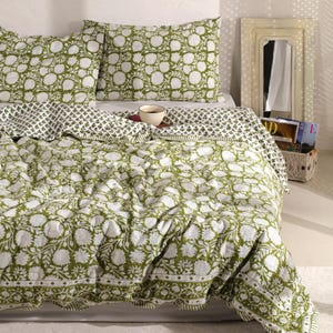 Floral Block Printed Moss Green Duvet Cover – Coconut Button Closure, Indian Cotton Bedding, Bohemian Home Decor