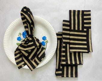 Servilletas de algodón estampadas a mano: Servilletas de tela reutilizables a rayas, decoración de mesa ecológica