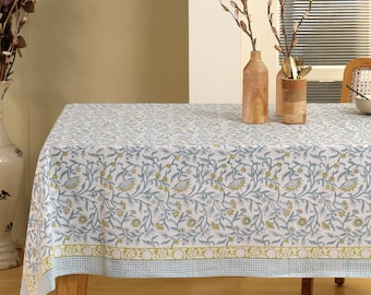 Toalha de mesa floral estampada à mão – Capa de mesa em algodão azul e amarelo