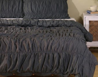 Charcoal Gray Cotton Duvet Cover Set, Wrinkle Linen, Boho Bedding