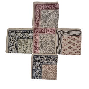 Conjunto de 5 lenços/gravatas/coques de cabelo estampados à mão, feitos com 100% algodão orgânico