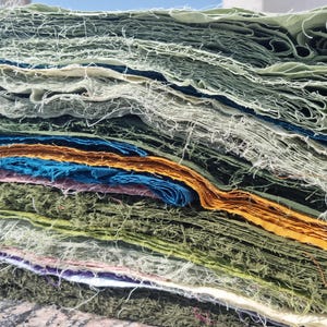 May include: A stack of handmade paper sheets in various colors, including green, blue, and gold. The edges of the paper are rough and textured, with visible fibers. The paper appears to be stacked in a neat pile, with each sheet slightly offset from the others.