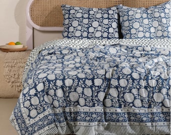 Floral Block Printed Duvet Cover – Blue Indian Cotton Bedding