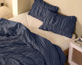 Blau Falten Baumwolle Bettbezug Set, Boho Bettwäsche Trösterbezug, Queen Bettbezug, Boho Wohnheim gemütliches Bettwäsche Set, Bauernhaus Bettwäsche