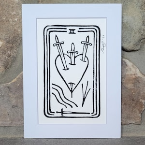 The Three of Swords tarot card block print
