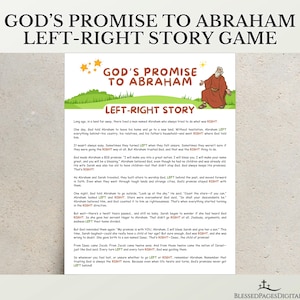 May include: A colorful illustrated page titled "God's Promise to Abraham Left-Right Story Game." The text describes a biblical story with the words "Left" and "Right" highlighted. The image includes illustrations of a man and stars.