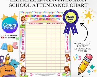 Tabla de asistencia editable para la escuela dominical 2026-2027: Cintas de premios mensuales (Plantilla de Canva y descarga en PDF)