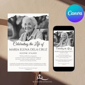 May include: A memorial card and a smartphone display a black and white photo of an elderly woman. The text reads "Celebrating the Life of Maria Elena Dela Cruz" with dates and an invitation to a memorial service. The Canva logo is visible.