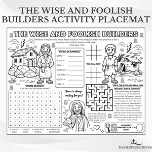 Puede incluir: Posavasos de actividades en blanco y negro titulado "The Wise and Foolish Builders". Presenta ilustraciones de casas, personas y actividades como búsquedas de palabras, crucigramas y un laberinto. Incluye texto de Mateo 7:24 y Mateo 7:7.