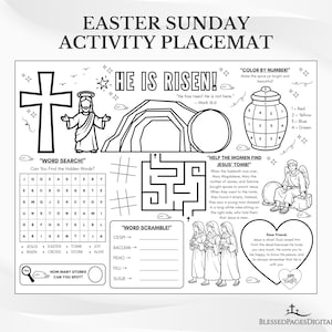 May include: Black and white Easter Sunday activity placemat with the text "Easter Sunday Activity Placemat". Includes a cross, Jesus, tomb, word search, maze, colour by number, and word scramble activities.