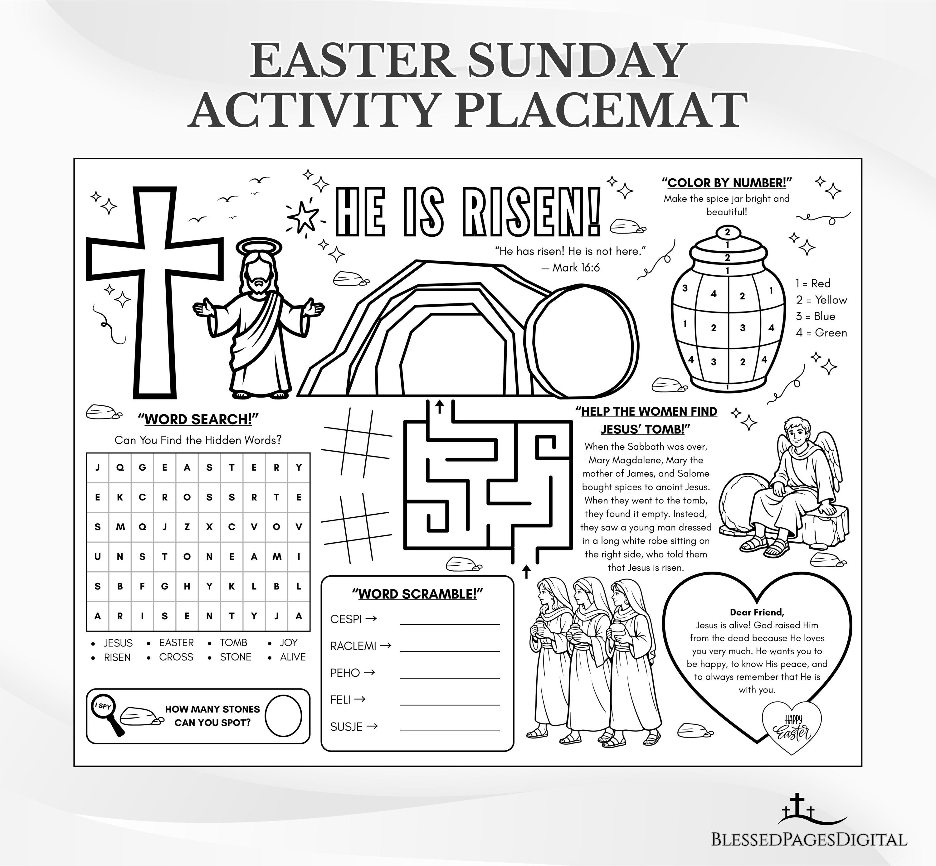 He is Risen Bible Activity Placemat: Easter Sunday School Coloring Page ...