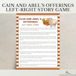 May include: A colorful educational poster titled "Cain and Abel's Offerings Left-Right Story Game." The text describes the biblical story of Cain and Abel, with illustrations of a sheep and baskets of crops. The poster is designed for educational purposes.
