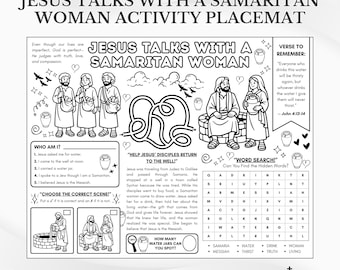 Jesus Talks with a Samaritan Woman Bible Activity Placemat: Sunday School Coloring Page (PDF Download)