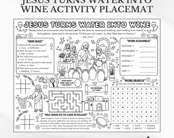 Tapete para actividades bíblicas: Jesús convierte el agua en vino: Página para colorear para la escuela dominical (Descarga en PDF)