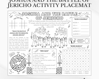 Tapete de actividades bíblicas sobre Josué y la batalla de Jericó: Página para colorear para la escuela dominical (Descarga en PDF)