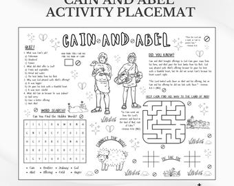 May include: Black and white activity placemat featuring the text "CAIN AND ABEL ACTIVITY PLACEMAT". Includes illustrations of Cain and Abel, a maze, word search, connect-the-dots, quiz, and tic-tac-toe. The placemat is designed for children.