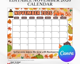 Calendario editable de noviembre de 2026: Planificador de otoño para el Día de Acción de Gracias (plantilla de Canva y descarga en PDF)